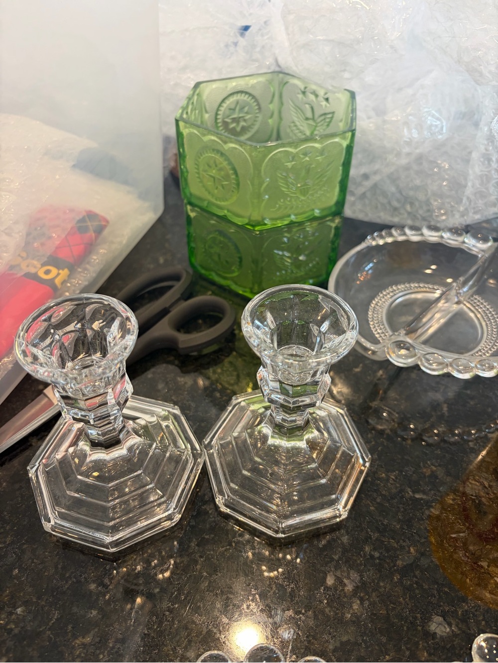 Clear Glass Octagonal Candlestick Holders -